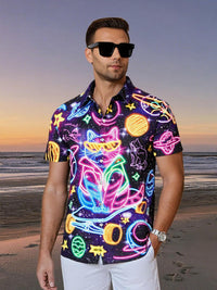 Mens Hawaiian Neon Shirt Summer Short Sleeve Button Down Galaxy Cats Graphic Aloha Dress Shirts Beach Neon Clothes
