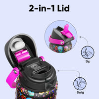 Insulated Water Bottle with Straw - Encool Stainless Steel Water Bottle with Push Button Lid, Leak-Proof & BPA-Free, Keeps Cold for 24 Hours for Sports, Travel, Gym (32 oz, Trippy Skulls)