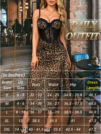 ChiaoLezhee Women's Sexy Lace Bustier Maxi Dress, Built-in Bra Underwire Corset Bodycon Clubwear Festival Outfits, Sheer Mesh Fitted Backless Sleeveless Ruched Rave Party Summer,Brown Leopard,M