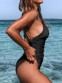 CUPSHE Women's One Piece Swimsuit Tummy Control V Neck Bathing Suits L Black