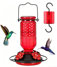 FEED GARDEN Glass Hummingbird Feeder for Outdoors Hanging, 16 oz Leak-Proof Nectar Feeder with Bee Guards & Ant Moat, 4 Metal Flower Feeding Ports, 360° Perch Ring, Easy Refill & Clean, Red