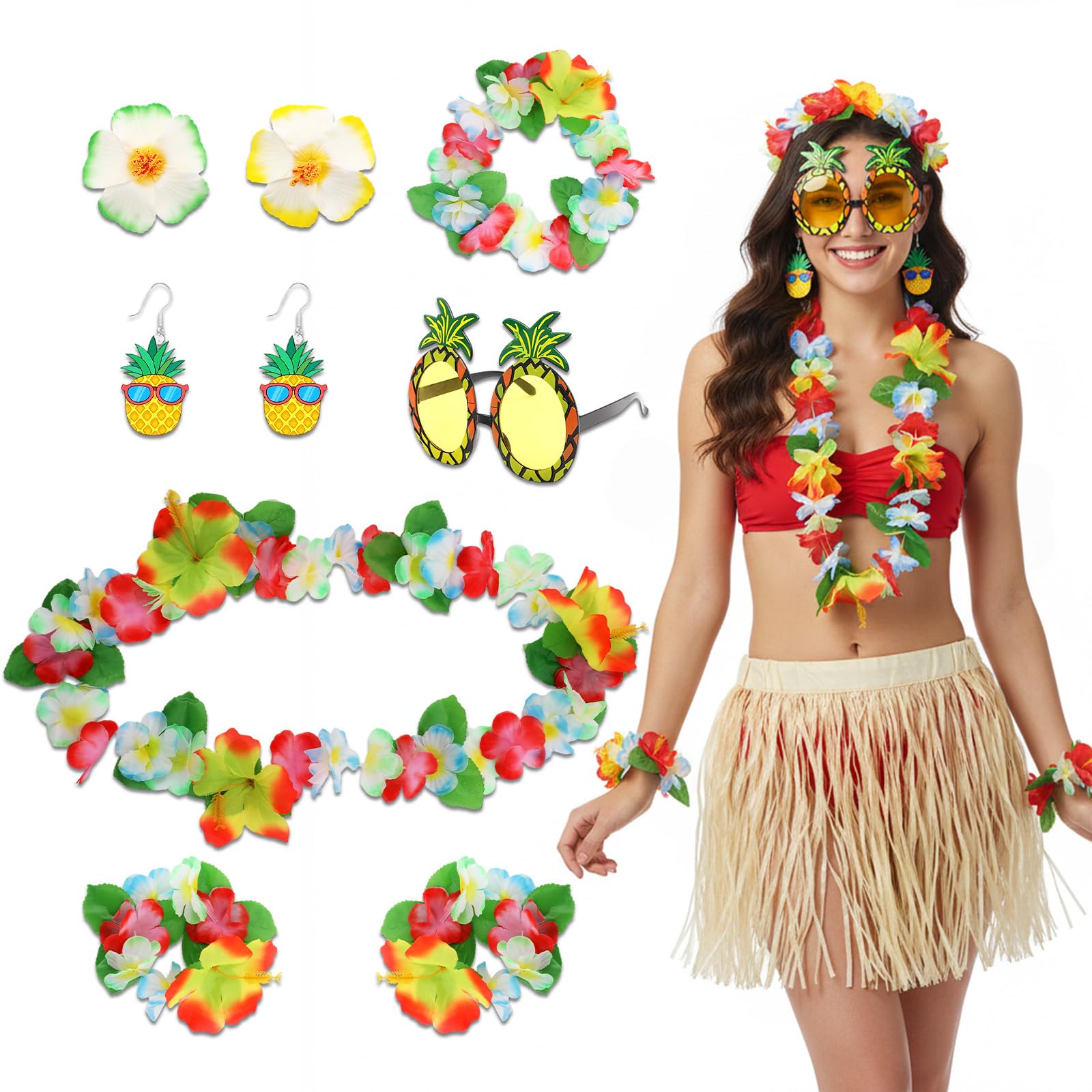 Hawaiian Outfits Accessories Set for Women, 8 PCS Summer Hula Dress Up Accessory with Tropical Flower Crown, Hibiscus Hair Clip, Leis, Bracelet, Earring and Sunglasses for Hawaii Beach Favors Supplies
