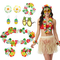 Hawaiian Outfits Accessories Set for Women, 8 PCS Summer Hula Dress Up Accessory with Tropical Flower Crown, Hibiscus Hair Clip, Leis, Bracelet, Earring and Sunglasses for Hawaii Beach Favors Supplies