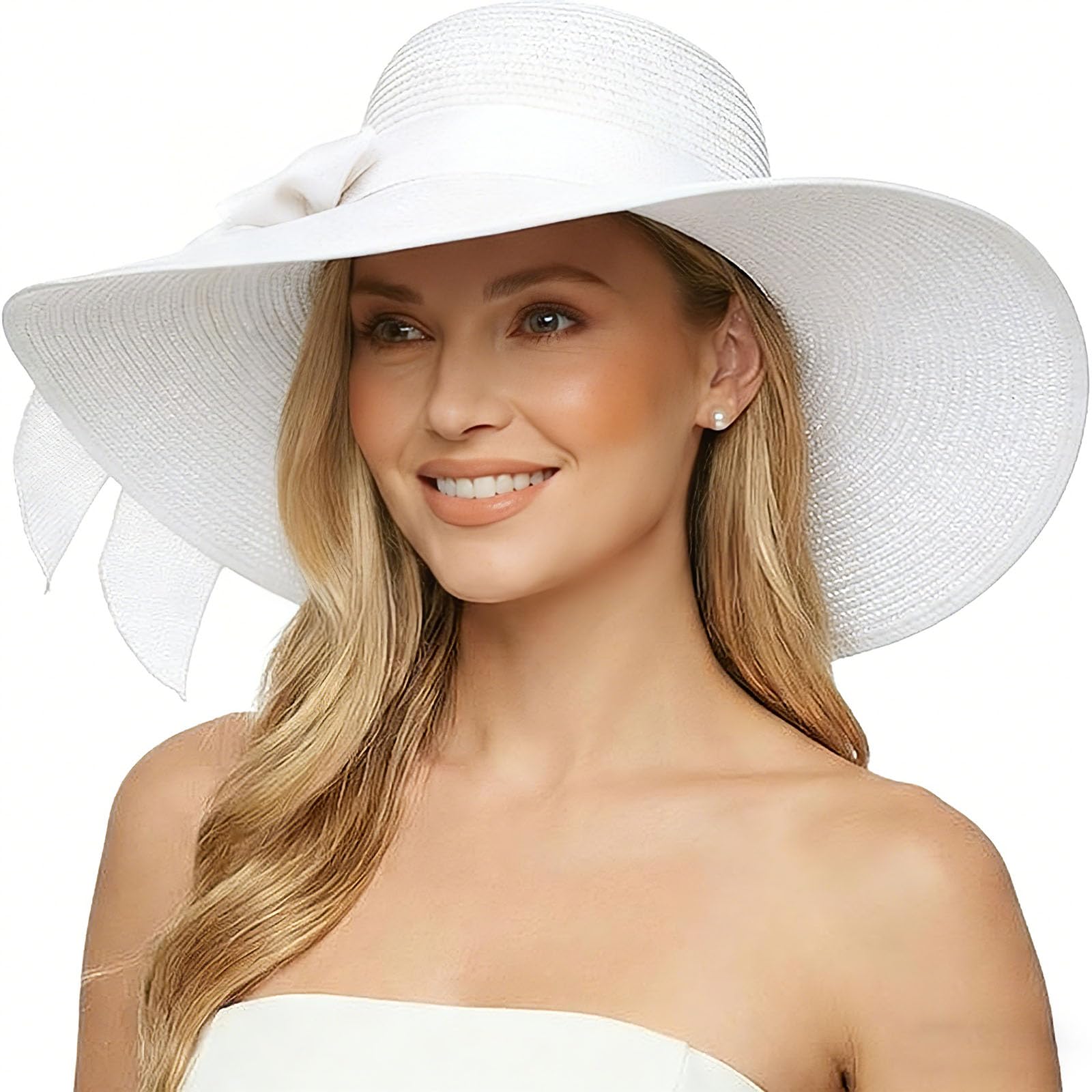 DRESHOW Womens Big Bowknot Straw Hat Foldable Sun Hats Floppy Beach Hat Large Roll up Cap UPF 50+