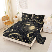 Erosebridal Bohemian Sun Moon Sheet Set King Galaxy Top Sheet Constellation Fitted Sheet Starry Sky Bed Sheet Exotic Style Golden Black Room Decorative Flat Sheet Cartoon Deep Pocket Fitted Sheets