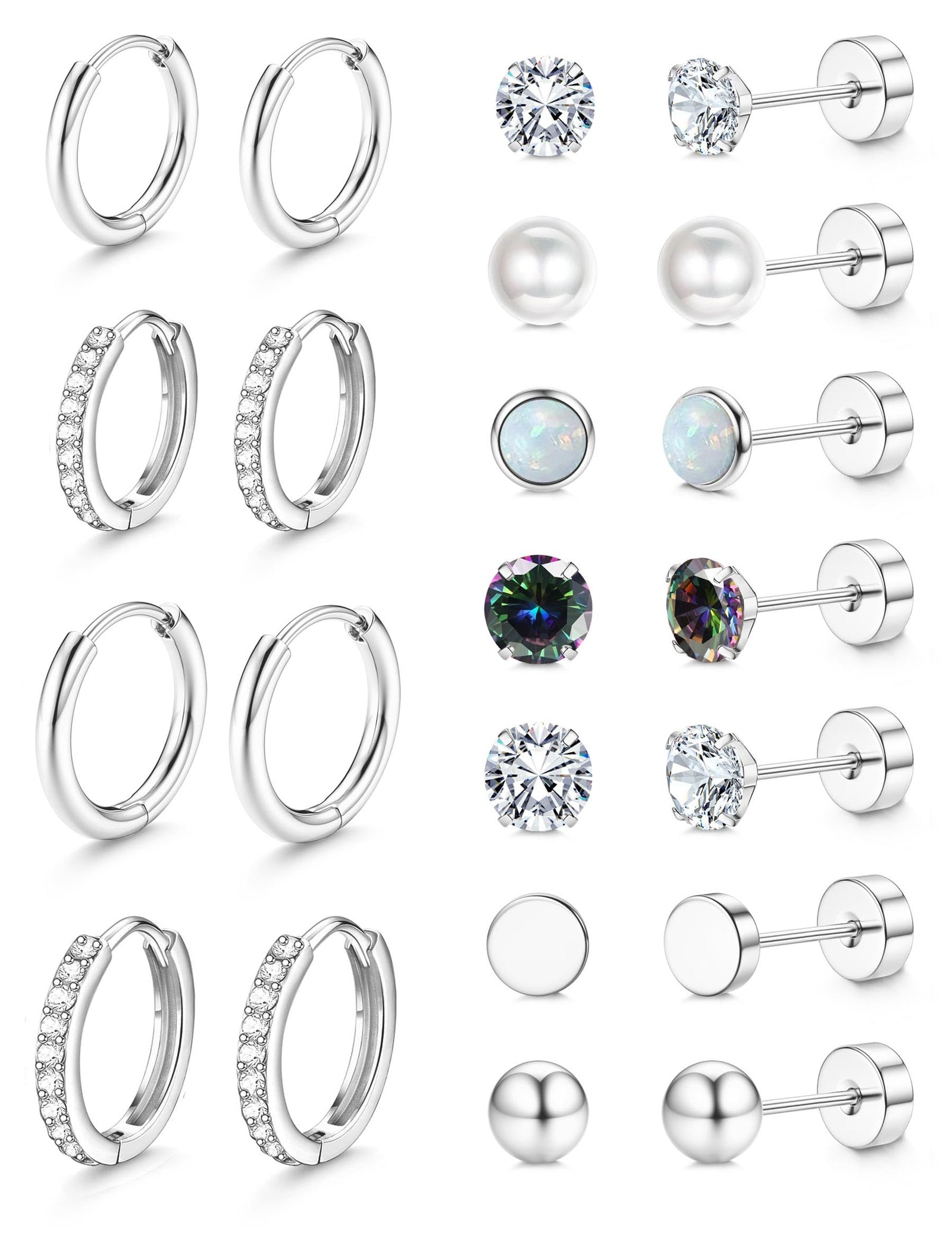 Jstyle Hypoallergenic Silver Stud Hoop Earrings for Women Small Flat Back Surgical Stainless Steel Earrings for Sensitive Ears Trendy Silver Hoops Cartilage Earring Stack Set Multiple Piercing Jewelry