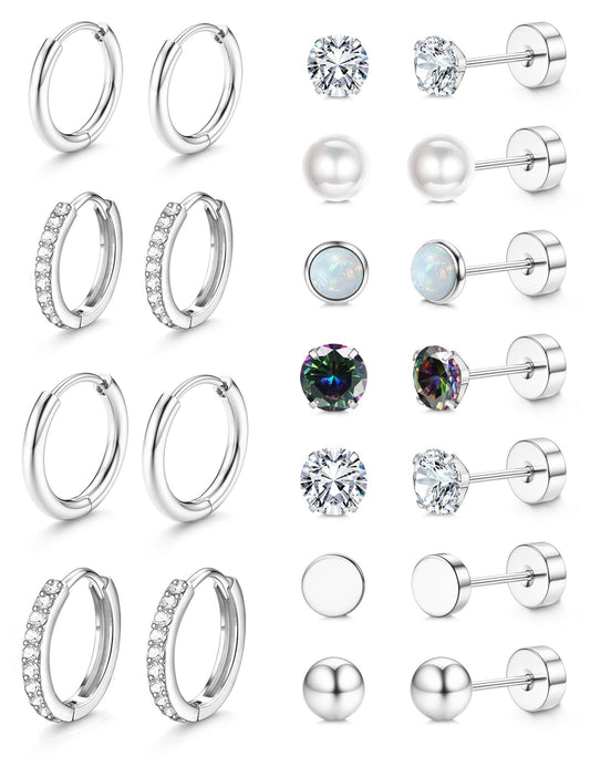 Jstyle Hypoallergenic Silver Stud Hoop Earrings for Women Small Flat Back Surgical Stainless Steel Earrings for Sensitive Ears Trendy Silver Hoops Cartilage Earring Stack Set Multiple Piercing Jewelry