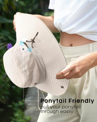 FURTALK Womens Sun Hat with Ponytail Hole Beach Hiking Summer Wide Brim UPF 50+ Outdoor Protection Foldable Bucket Hat Beige, One Size