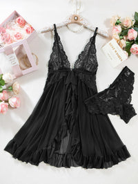 Foxiny Sexy Open Front V Neck Ruffle Sheer Mesh Lace Wireless Babydoll Lingerie Dress with Thong 2 Piece Women See Through Panty Set Chemise Negligee Hook Black Medium