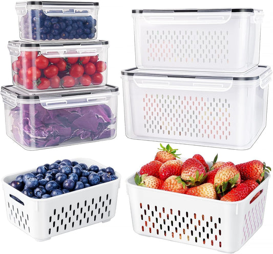 5 PCS Large Fruit Containers for Fridge - Leakproof Food Storage Containers with Removable Colander - Dishwasher & microwave safe Produce Containers Keep Fruits, Vegetables, Berry, Meat Fresh longer