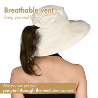 Sun Hats for Women Gardening Hat Wide Brim Ponytail Beach Sun Protection Breathable Cotton Summer Hat with Fold-Up Brim Beige