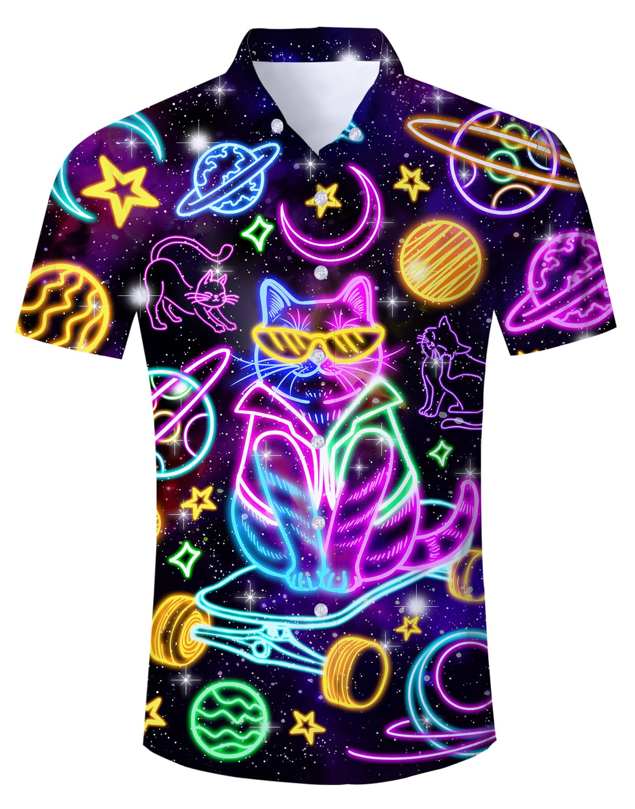 Mens Hawaiian Neon Shirt Summer Short Sleeve Button Down Galaxy Cats Graphic Aloha Dress Shirts Beach Neon Clothes