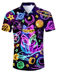 Mens Hawaiian Neon Shirt Summer Short Sleeve Button Down Galaxy Cats Graphic Aloha Dress Shirts Beach Neon Clothes