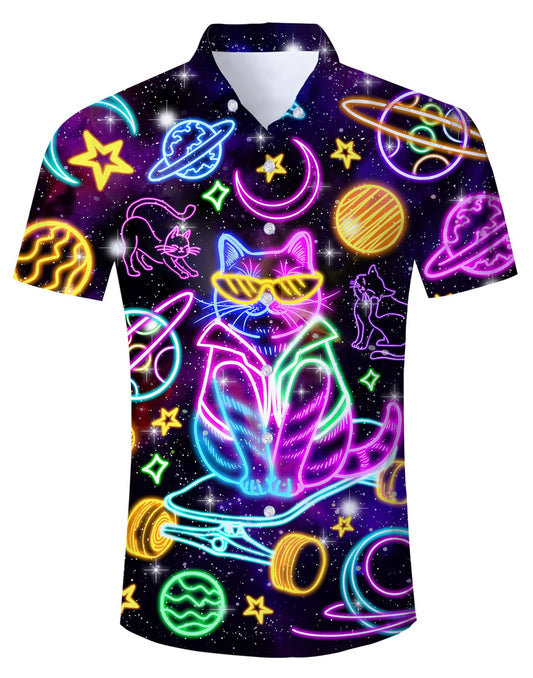 Mens Hawaiian Neon Shirt Summer Short Sleeve Button Down Galaxy Cats Graphic Aloha Dress Shirts Beach Neon Clothes