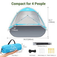 Wolfwise Portable Beach Tent Sun Shelter, Large Spacious Sun Shade for 3-4 Person, UPF 50+ UV Protection, Extendable Floor for Privacy, 3 Ventilated Mesh Windows, Carrying Bag, 95 ″x65″x55″, Blue
