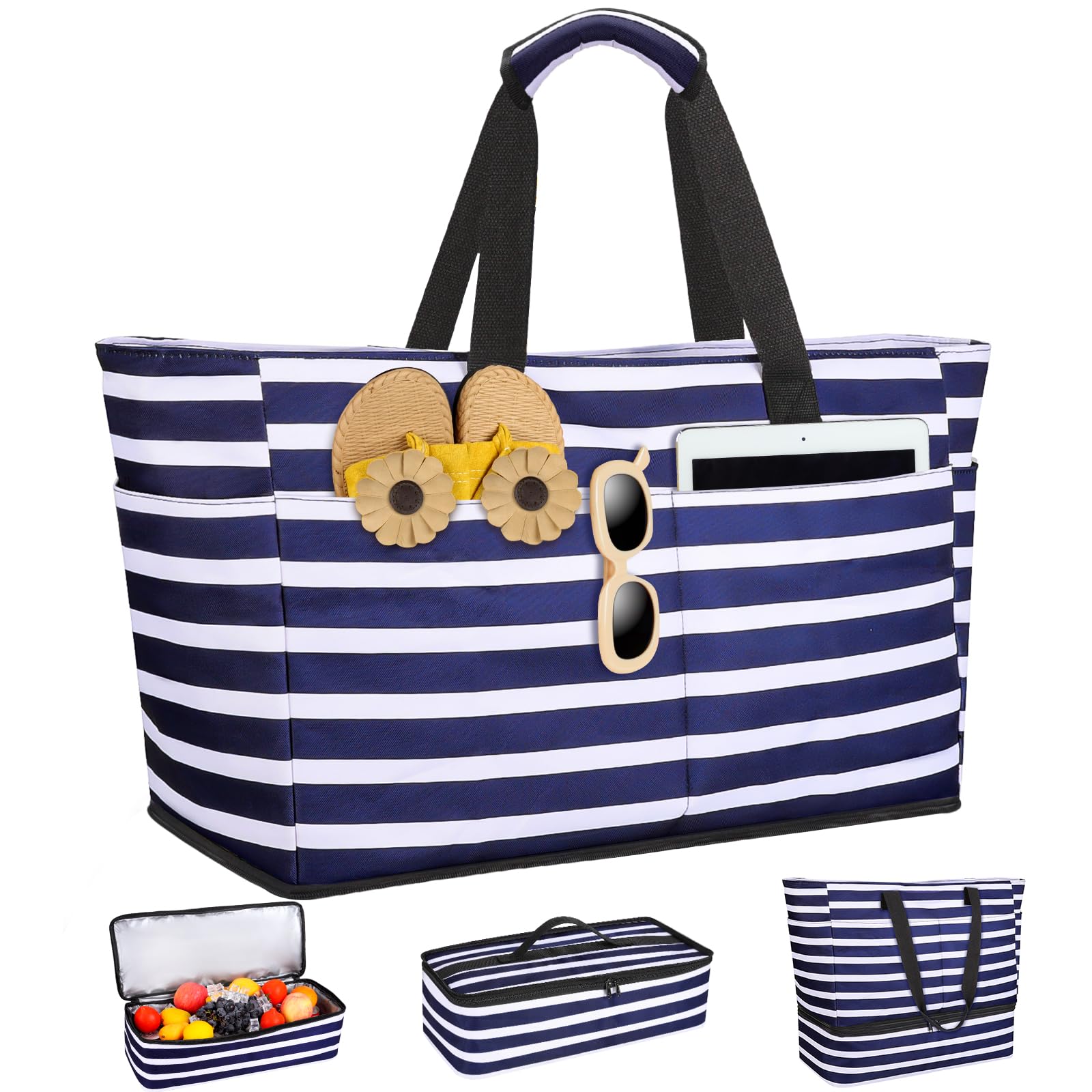 ISEYOU Beach Bag with Cooler, 49L Large Family Beach Tote with Zipper, Waterproof Sandproof Beach Bags for Women and Men, Foldable Lightweight Travel Bag for Pool, Picnic, Gym