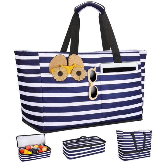 ISEYOU Beach Bag with Cooler, 49L Large Family Beach Tote with Zipper, Waterproof Sandproof Beach Bags for Women and Men, Foldable Lightweight Travel Bag for Pool, Picnic, Gym