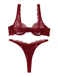 Lilosy Sexy Floral Lace Scallop Underwire Push Up Sheer Lingerie Set Outfits Women See Through Match Thong Bra and Panty 2 Piece Burgundy Red #2 Medium