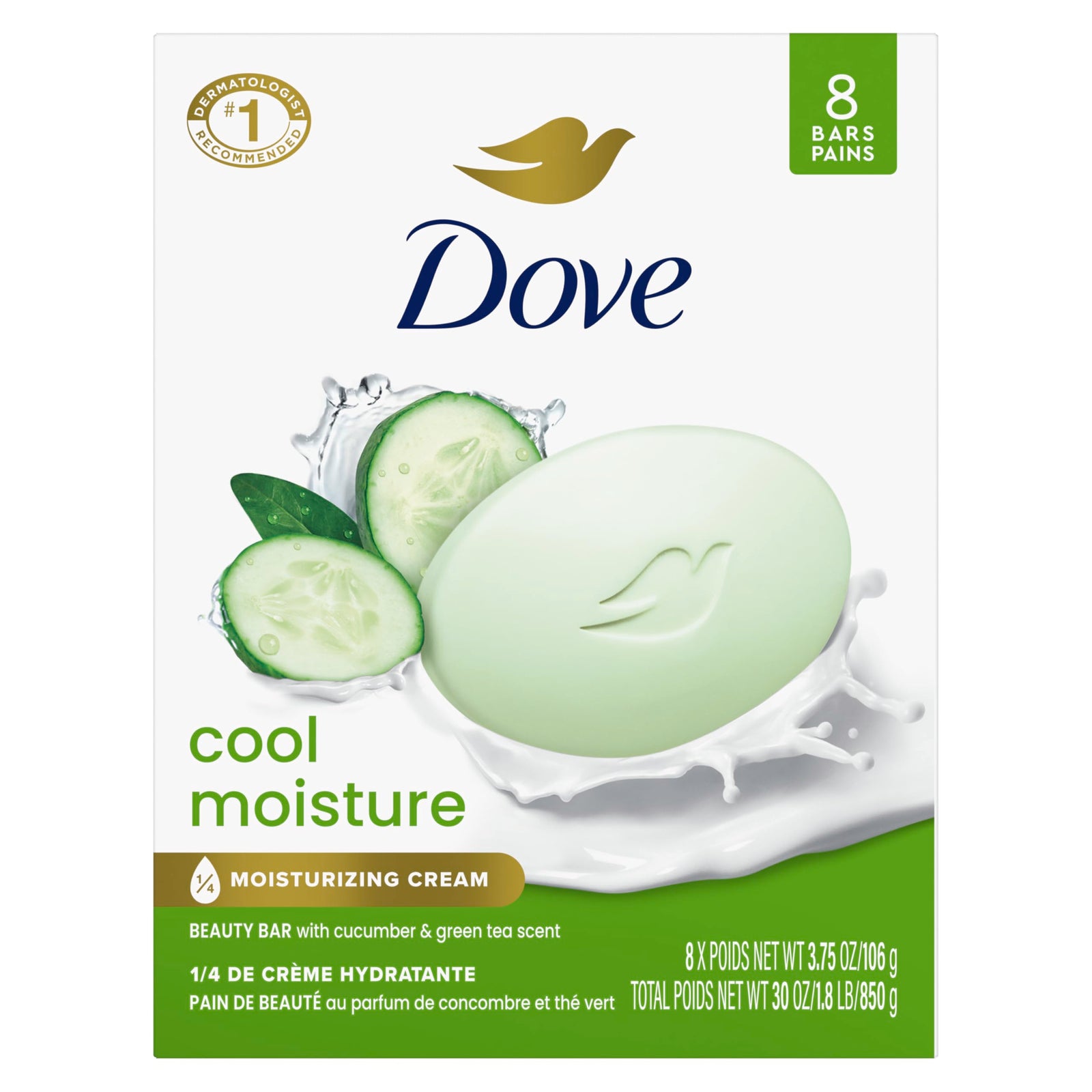 Dove Cool Moisture Beauty Bar Soap 8 Count, Refreshing Cleanser, 3.75 oz I Moisturizing beauty bar with cucumber and green tea scent for refreshed, soft skin