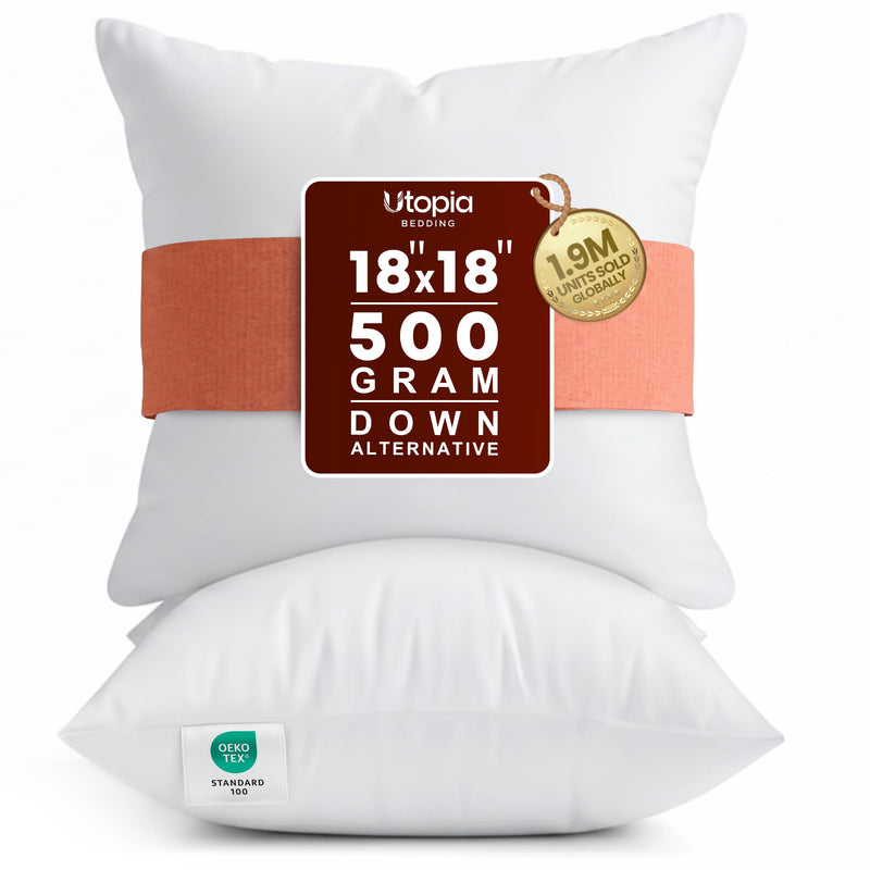 Utopia Bedding 18x18 Pillow Inserts, Set of 2, White – Indoor Decorative Throw Pillows for Bed, Sofa & Couch – Soft, Supportive & Fluffy Cushion Inserts