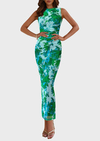 PRETTYGARDEN Womens Summer Wedding Guest Maxi Dress 2026 Spring Formal Floral Mesh Sleeveless Bodycon Vacation Long Dresses(Green Floral,X-Large)