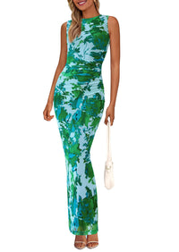 PRETTYGARDEN Womens Summer Wedding Guest Maxi Dress 2026 Spring Formal Floral Mesh Sleeveless Bodycon Vacation Long Dresses(Green Floral,X-Large)