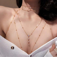14K Gold Plated Sexy Body Chains for Women, Layered Rhinestone Crossover Bikini Bra Body Jewelry, Summer Beach Crystal Belly Waist Chain(Neckchain1)