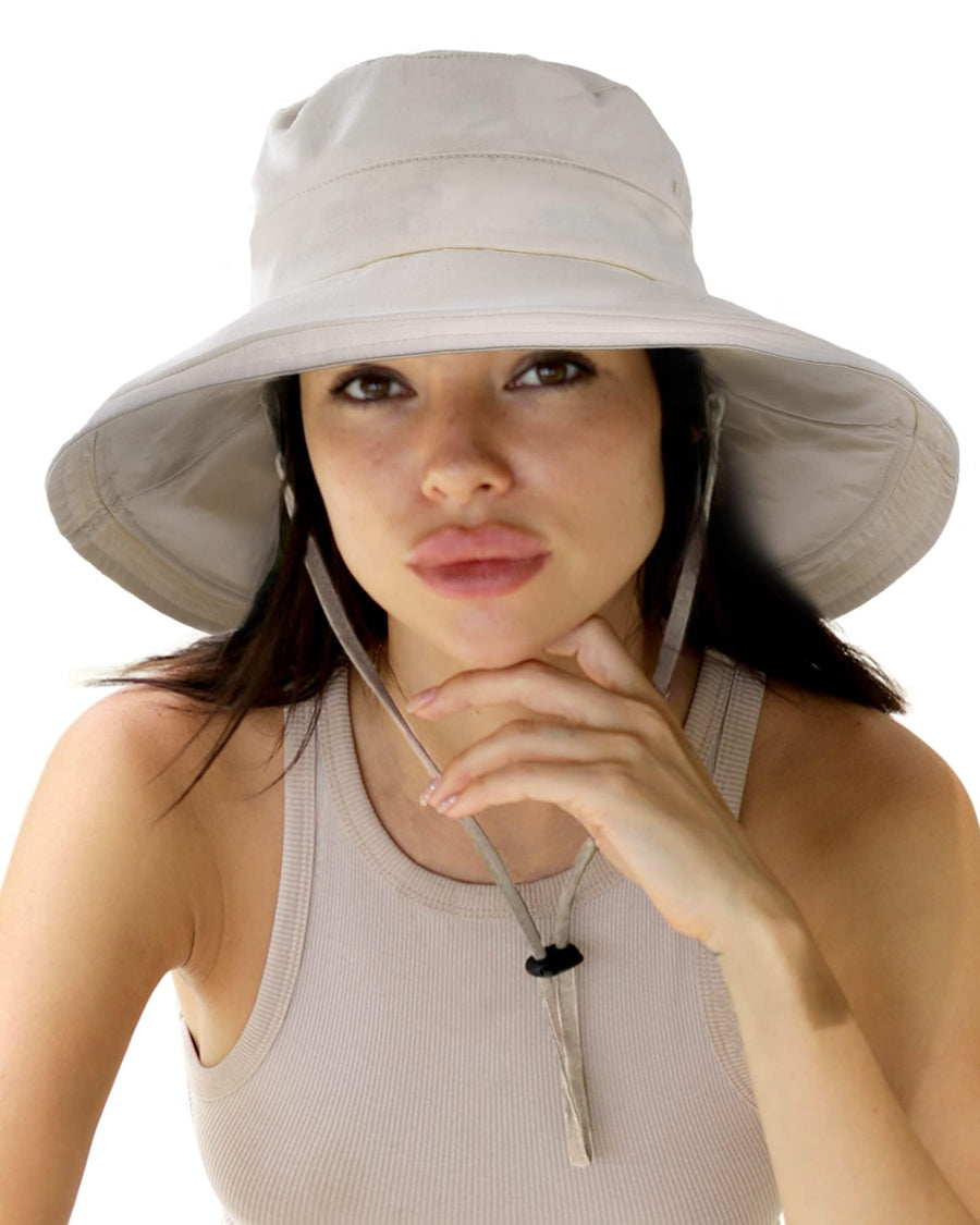 Sun Hats for Women Gardening Hat Wide Brim Ponytail Beach Sun Protection Breathable Cotton Summer Hat with Fold-Up Brim Beige