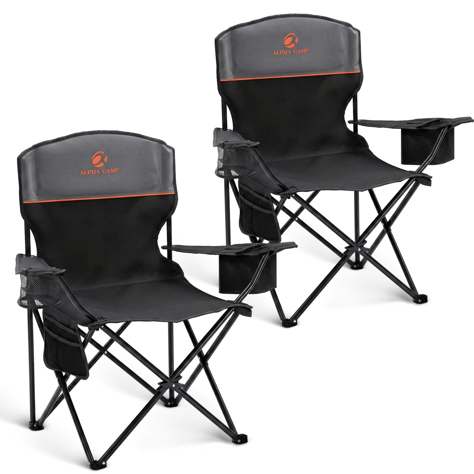 ALPHA CAMP 2-Pack Camping Chair with Cooler Bag, Heavy Duty 250lbs Capacity Folding Chair with Lumbar Support & Side Pocket, Portable Quad Chairs for Beach Fishing Tailgating & Sideline Sport