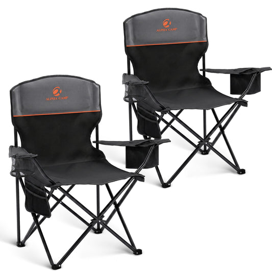 ALPHA CAMP 2-Pack Camping Chair with Cooler Bag, Heavy Duty 250lbs Capacity Folding Chair with Lumbar Support & Side Pocket, Portable Quad Chairs for Beach Fishing Tailgating & Sideline Sport