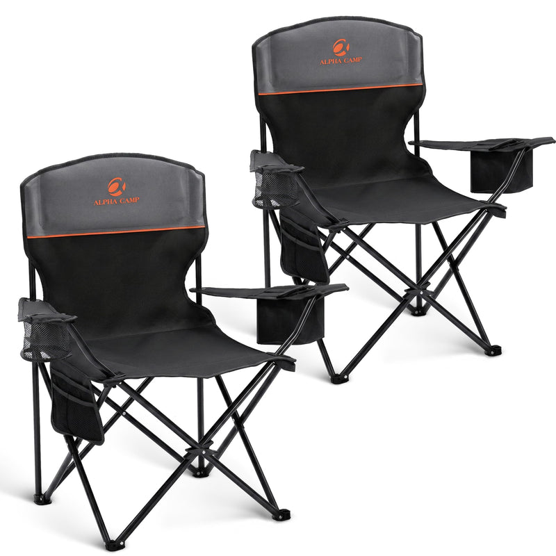 ALPHA CAMP 2-Pack Camping Chair with Cooler Bag, Heavy Duty 250lbs Capacity Folding Chair with Lumbar Support & Side Pocket, Portable Quad Chairs for Beach Fishing Tailgating & Sideline Sport