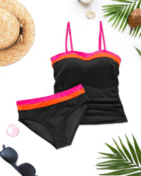 Daci Black Pink Color Block Bandeau Tankini Swimsuits for Women - Two Piece Ruched Tummy Control Bathing Suit Strapless Swimwear with Bottom L