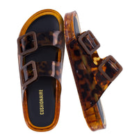 CUSHIONAIRE Pool Slides for Women Water Resistant Double Buckle Adjustable Slip-On Womens Sandals for Beach Shower Casual Wear, TORTIE 9