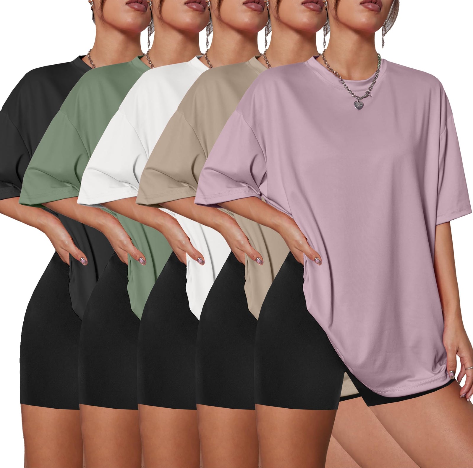Kinglaman 5 Pack Womens Oversized T Shirts Crew Neck Loose Fit Short Sleeve Tshirts Summer Workout Plus Size Tee Tops 1 Black 1 White 1 Army Green 1 Khaki 1 Dark Pink Large