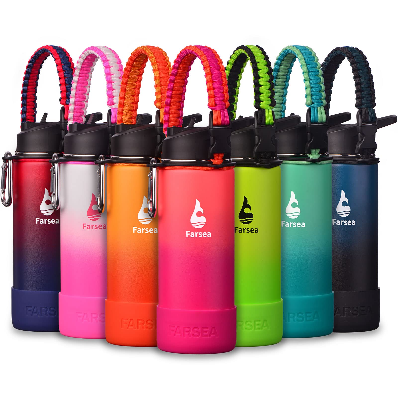 Farsea Insulated Water Bottle With Paracord Handle, Protective Silicone Boot and 2 Lids (Straw Lid & Spout Lid), Stainless Steel Water Bottle Wide Mouth, Double Wall Sweat-Proof BPA-Free, 18 oz
