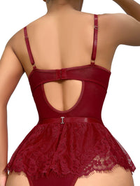 Lilosy Sexy Stocking Rhinestones Heart Garter Underwire Floral Mesh lace Sheer Babydoll Lingerie Teddy Bodysuit Skirt Set Women 2 3 Piece Push Up See Through Burgundy Red Medium