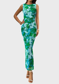 PRETTYGARDEN Womens Summer Wedding Guest Maxi Dress 2026 Spring Formal Floral Mesh Sleeveless Bodycon Vacation Long Dresses(Green Floral,X-Large)