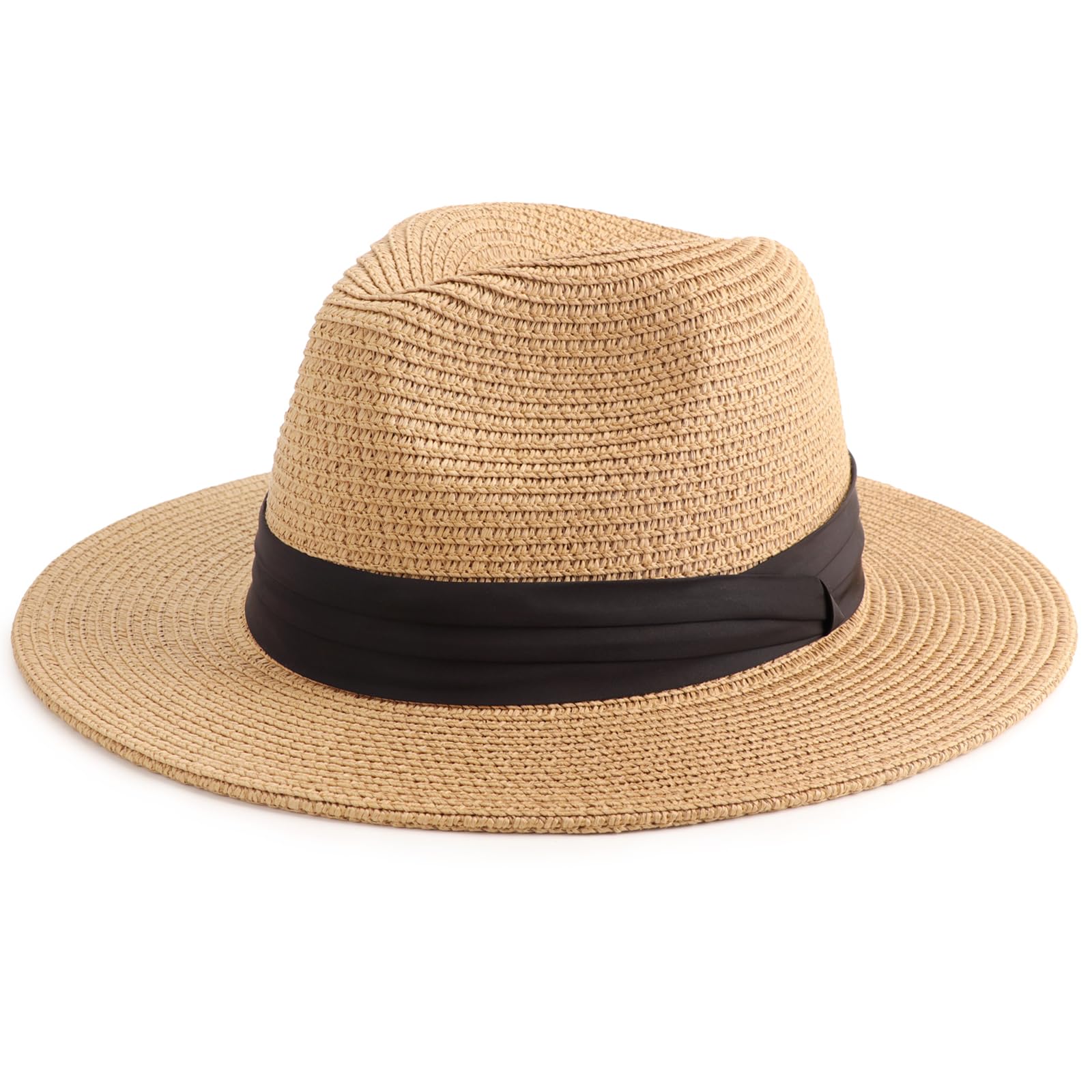 DRESHOW Women Straw Panama Hat Travel Fedora Beach Sun Hat Summer Wide Brim Straw Roll up Hats UPF 50+