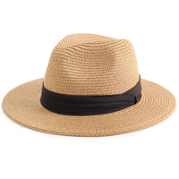 DRESHOW Women Straw Panama Hat Travel Fedora Beach Sun Hat Summer Wide Brim Straw Roll up Hats UPF 50+