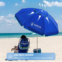 AMMSUN 6.5ft twice folded Portable beach umbrella with sand anchor windproof, Push Button Tilt and Air vent UPF 50+ Protection Fits in a large Suitcase for Patio Garden Beach Pool Backyard Blue