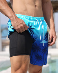 OlyPegic Mens Swim Trunks 7 Inch Bathing Suit Mens Swimwear Shorts Quick Dry Swim Trunks with Compression Liner Coconut Tree with Zipper Pock