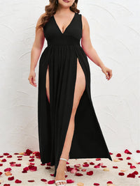 SILUI Women's Summer 2026 Sexy Double High Slit Deep V Neck Plus Size Sundresses Thigh Split Maxi Club Party Dresses