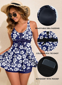 Aleumdr Tankini Swimsuits for Women Tummy Control Two Piece Bathing Suits Floral Printed Tank Top with Boyshorts Blue Flower Large