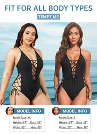 Tempt Me Women Black Sexy Lace Up One Piece Swimsuit Deep Plunge V Neck High Cut Bathing Suits L