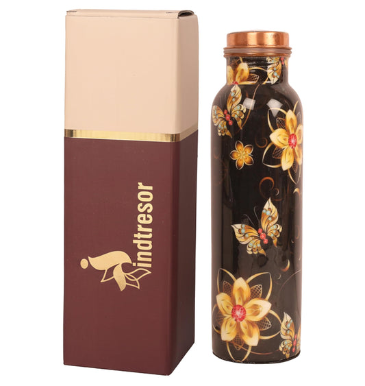 INDTRESOR Pure Copper Water Bottle - Handcrafted - Ayurveda health benefits - Large 34 oz - Leak proof - Easy to carry for Sports, Fitness, Yoga, School - Black Base Floral Textured Colorful Enamel