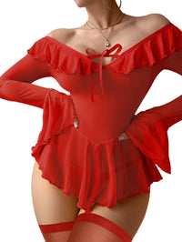 Foxiny Sexy Stocking Sheer Mesh Babydoll Rave Outfits Lingerie Dress Top with Thong 3 Piece Set Women See Through Long Sleeve Off Shoulder Pajamas Negligee Night Gown Red Small