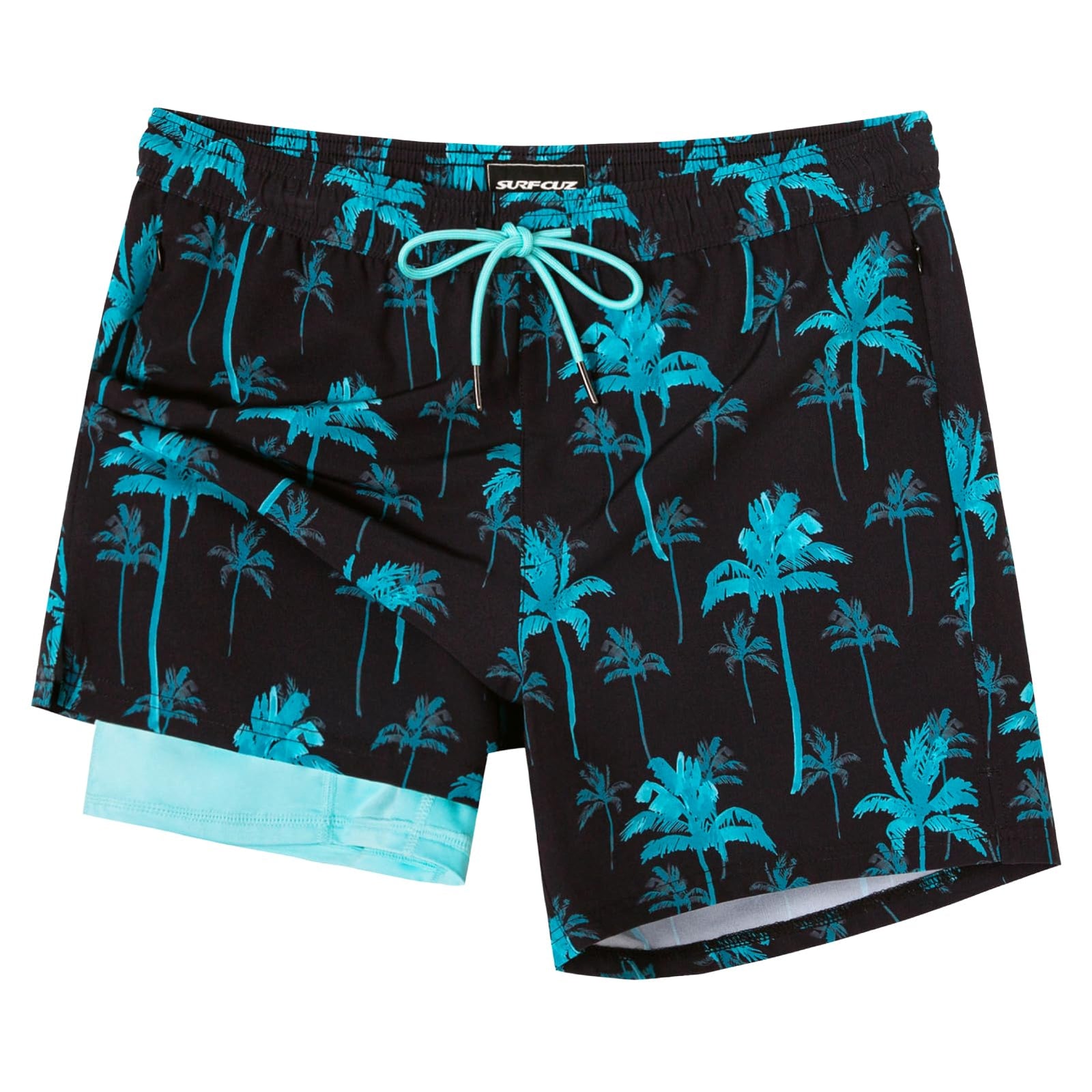SURF CUZ Mens Swim Trunks with Compression Liner 5" Swim Shorts Quick Dry Bathing Suit Swimming Trunks Zipper Pockets Turquoise Palm Tree Medium