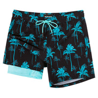 SURF CUZ Mens Swim Trunks with Compression Liner 5" Swim Shorts Quick Dry Bathing Suit Swimming Trunks Zipper Pockets Turquoise Palm Tree Medium