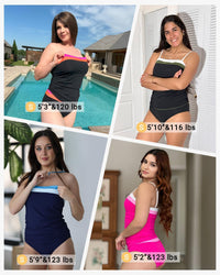 Daci Black Pink Color Block Bandeau Tankini Swimsuits for Women - Two Piece Ruched Tummy Control Bathing Suit Strapless Swimwear with Bottom L