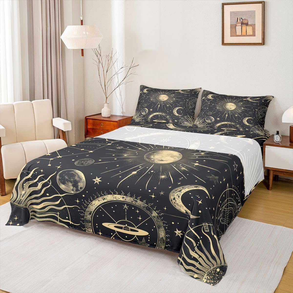 Erosebridal Bohemian Sun Moon Sheet Set King Galaxy Top Sheet Constellation Fitted Sheet Starry Sky Bed Sheet Exotic Style Golden Black Room Decorative Flat Sheet Cartoon Deep Pocket Fitted Sheets